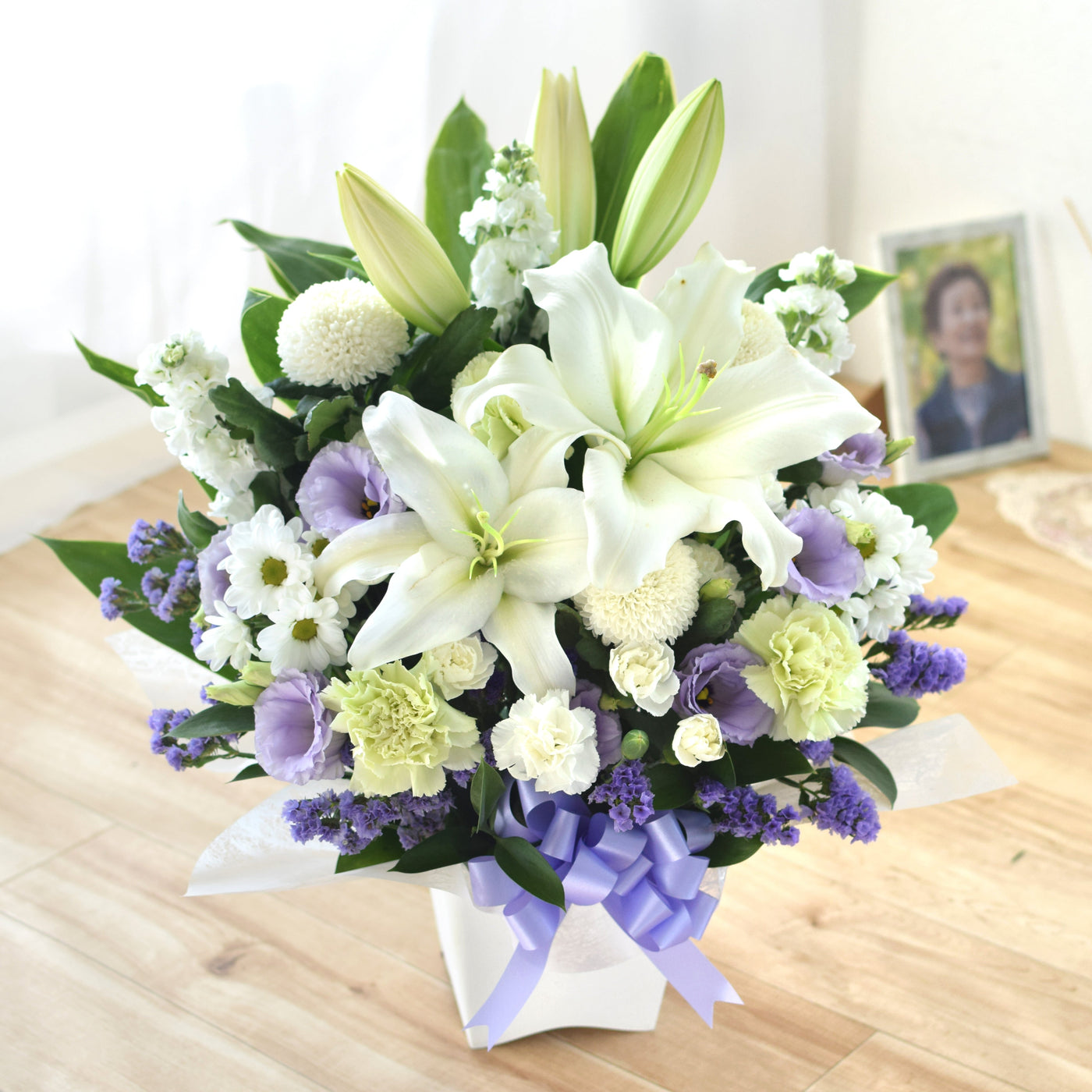 Sympathy Standing Bouquet (M) Blue & Purple